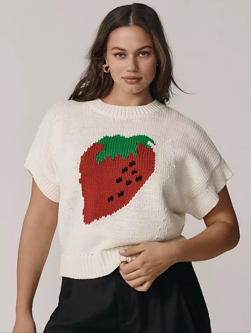 Maeve Cream Knit Crewneck Sweater with Strawberry Graphic - Picture 1 of 6